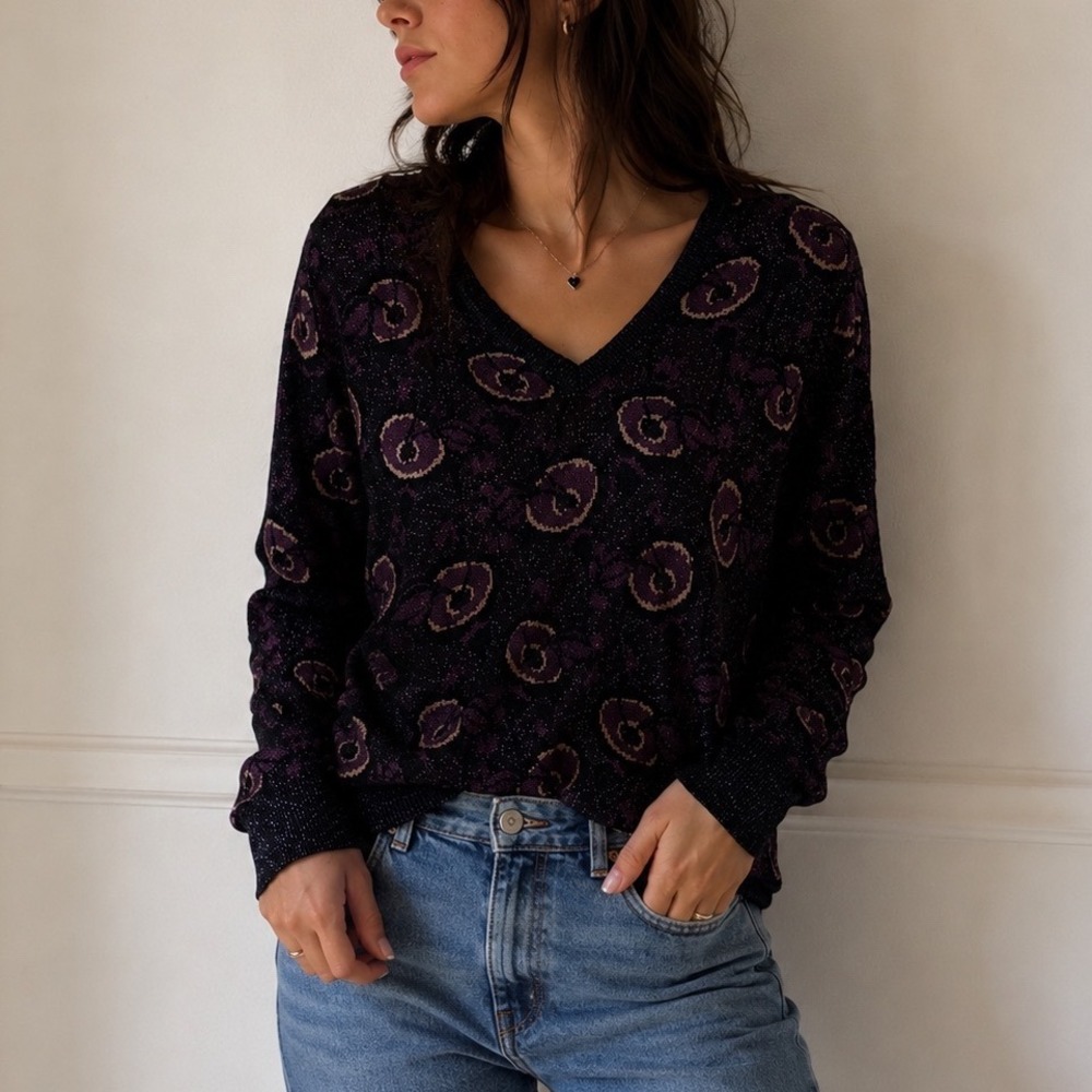 Happy‎ Sheep Purple Floral V-Neck Sweater Metallic Knit Whimsigoth Fairy Grunge